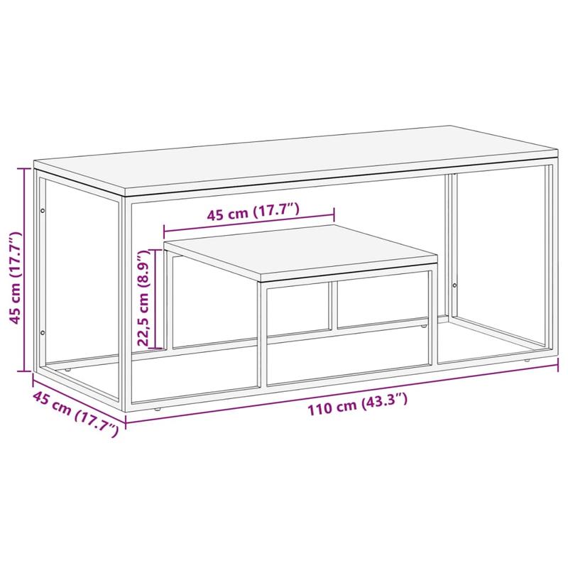 Vue latérale de la table basse montrant le mélange de bois et de métal